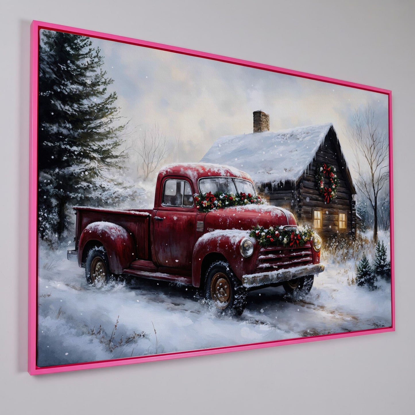 Rustic Cabin with Christmas Red Truck Canvas in pink floating frame