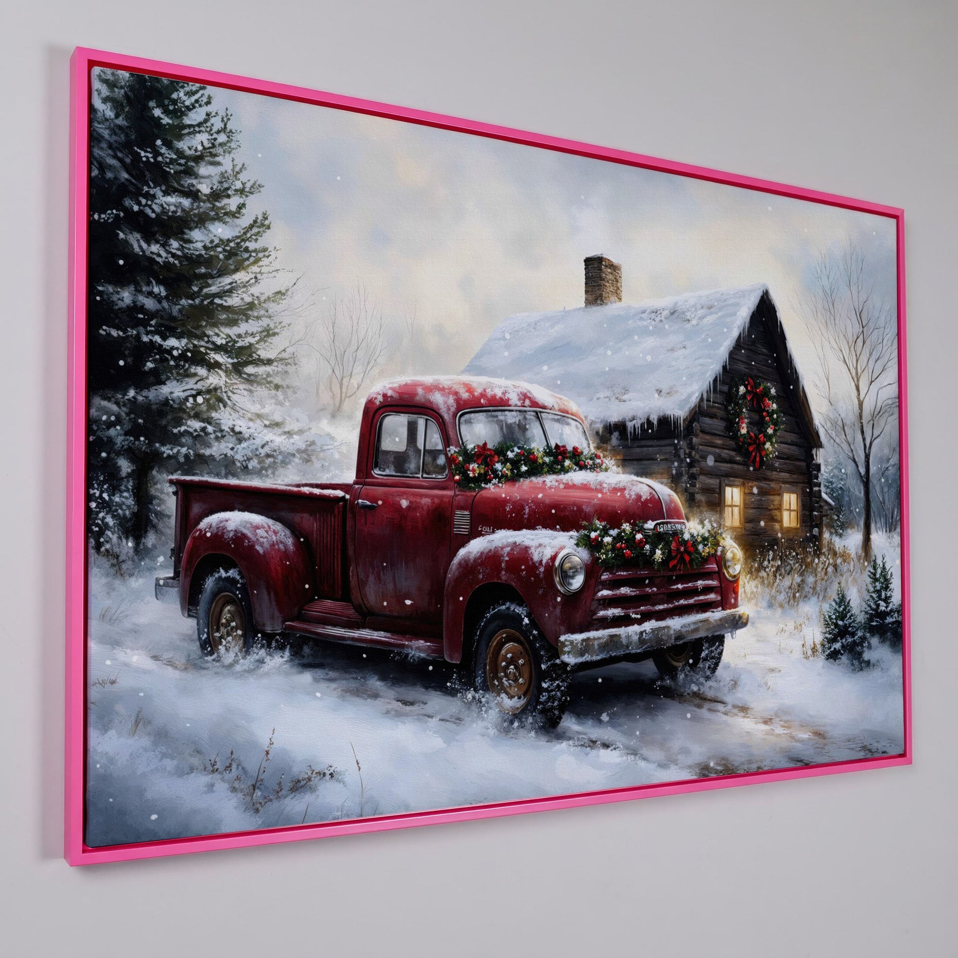 Rustic Cabin with Christmas Red Truck Canvas in pink floating frame