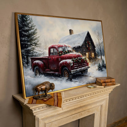 Rustic Cabin with Christmas Red Truck Canvas in rose gold floating frame