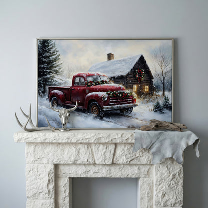 Rustic Cabin with Christmas Red Truck Canvas in silver floating frame