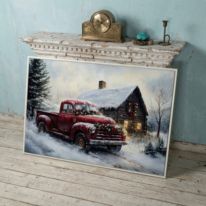 Rustic Cabin with Christmas Red Truck Canvas in white floating frame