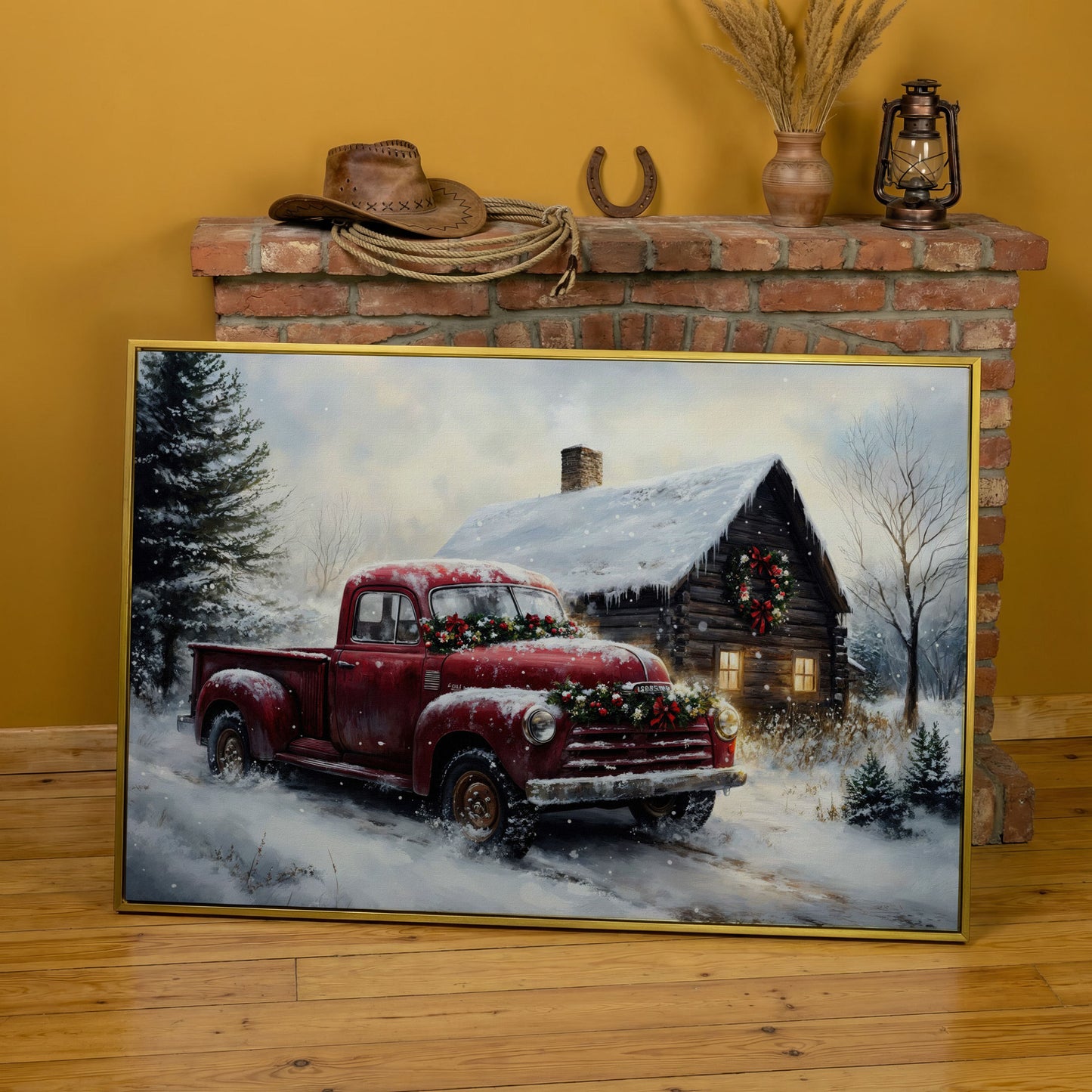 Rustic Cabin with Christmas Red Truck Canvas in yellow gold floating frame