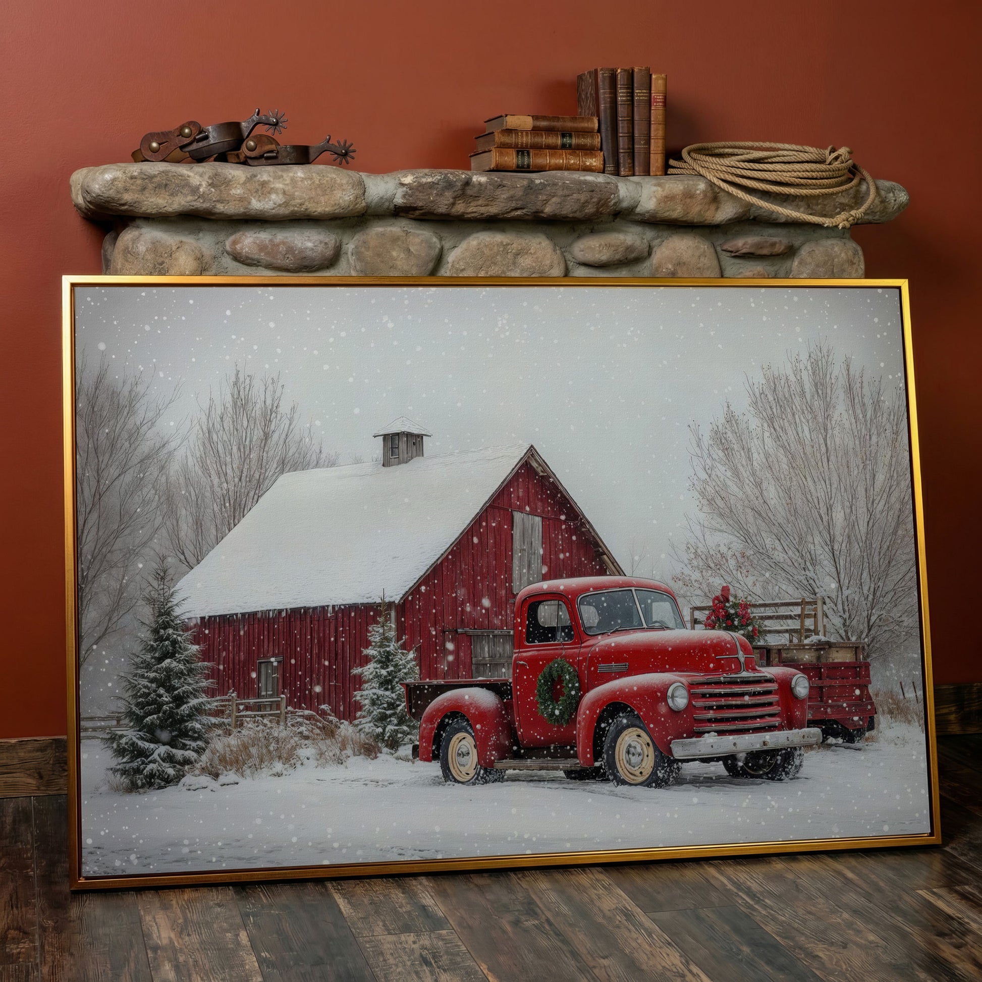 Red Pickup Truck in Snow by Red Barn Canvas in antique gold floating frame