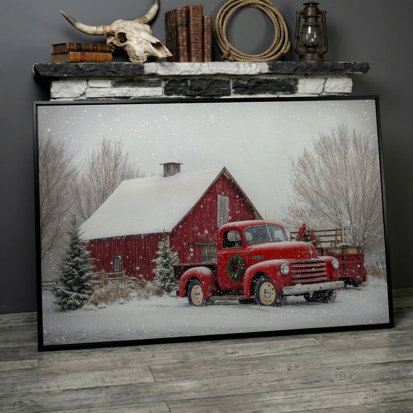 Red Pickup Truck in Snow by Red Barn Canvas in black floating frame