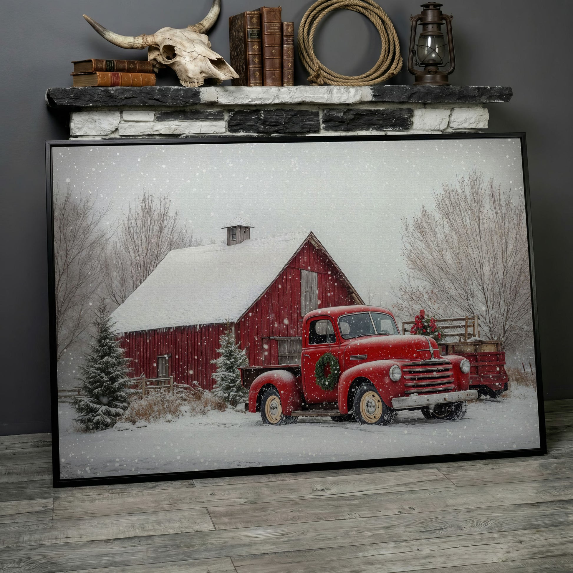 Red Pickup Truck in Snow by Red Barn Canvas in black floating frame