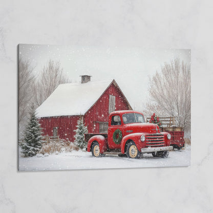 Red Pickup Truck in Snow by Red Barn Canvas on gallery wrap