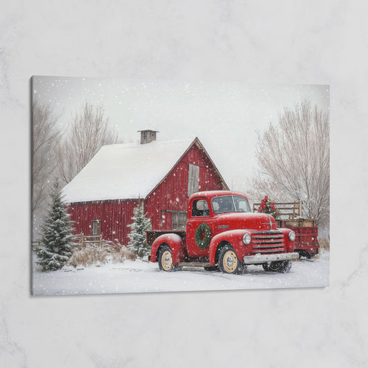 Red Pickup Truck in Snow by Red Barn Canvas on gallery wrap