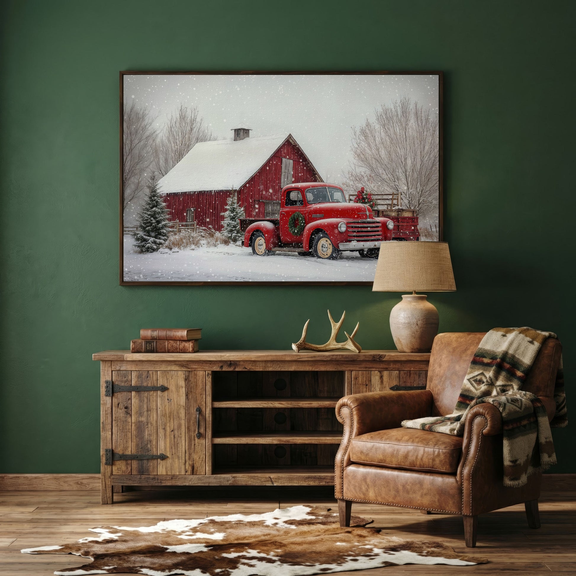 Red Pickup Truck in Snow by Red Barn Canvas in dark walnut floating frame
