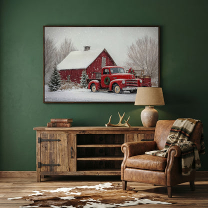 Red Pickup Truck in Snow by Red Barn Canvas in dark walnut floating frame