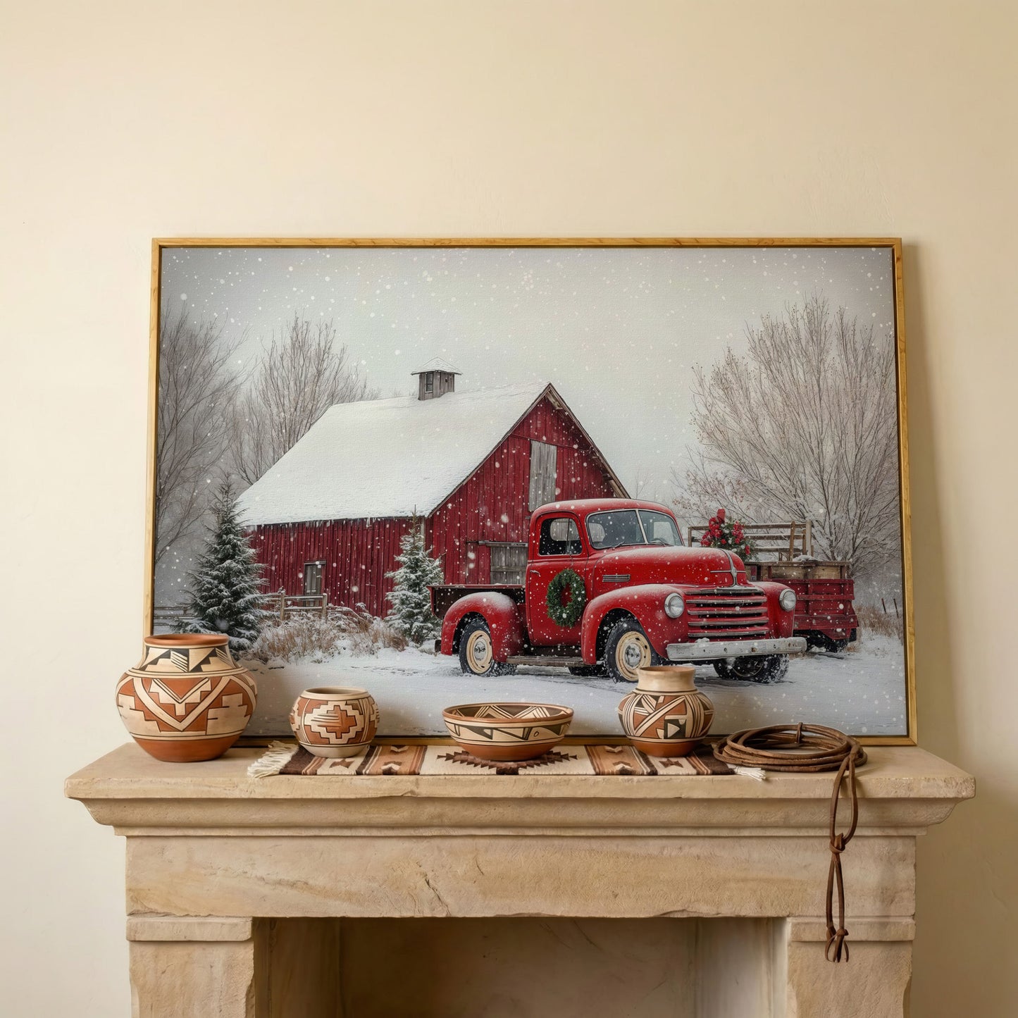 Red Pickup Truck in Snow by Red Barn Canvas in white oak floating frame