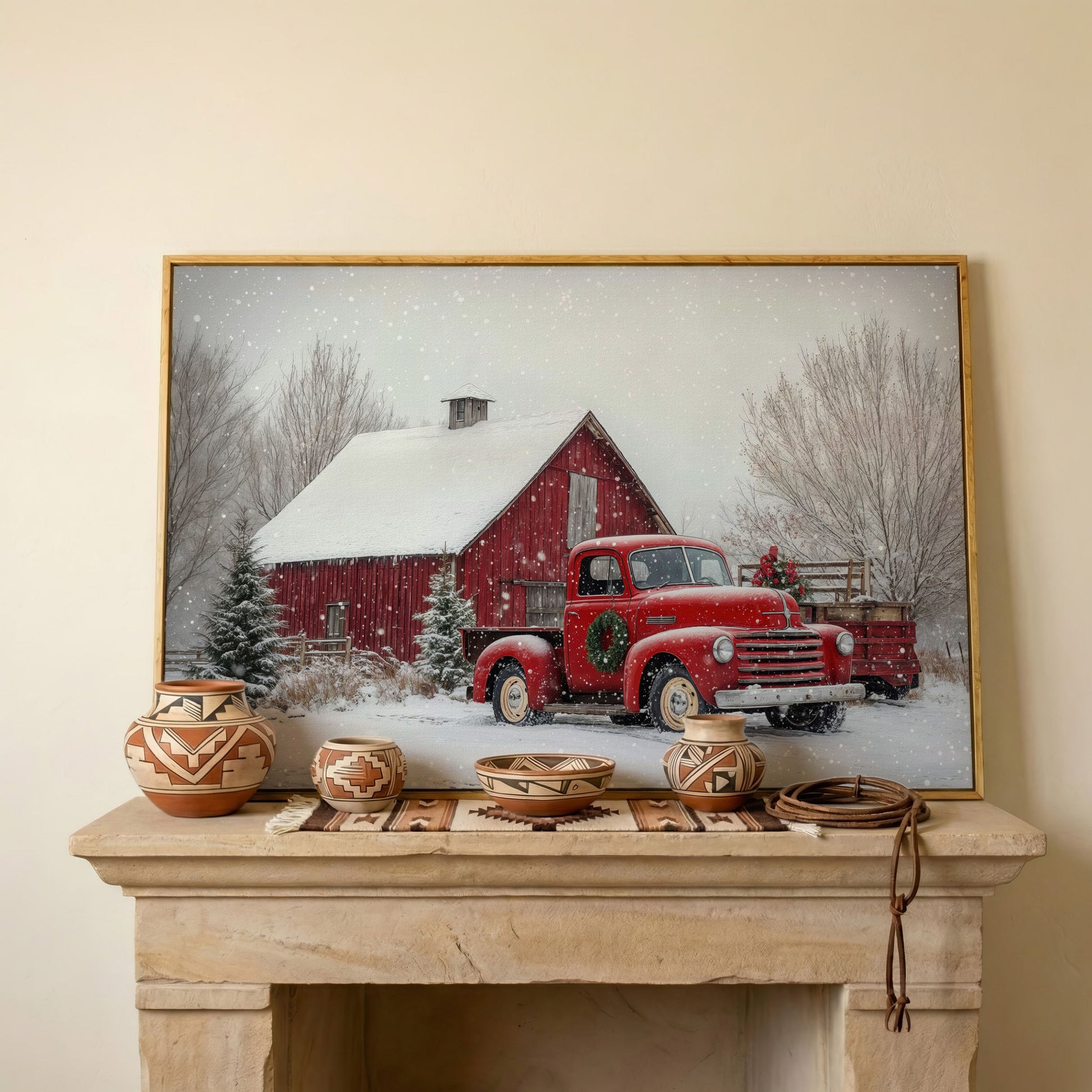 Red Pickup Truck in Snow by Red Barn Canvas in white oak floating frame
