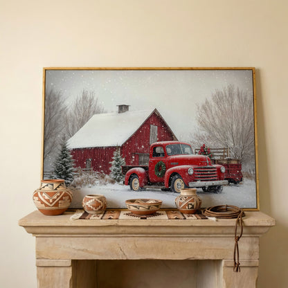 Red Pickup Truck in Snow by Red Barn Canvas in white oak floating frame