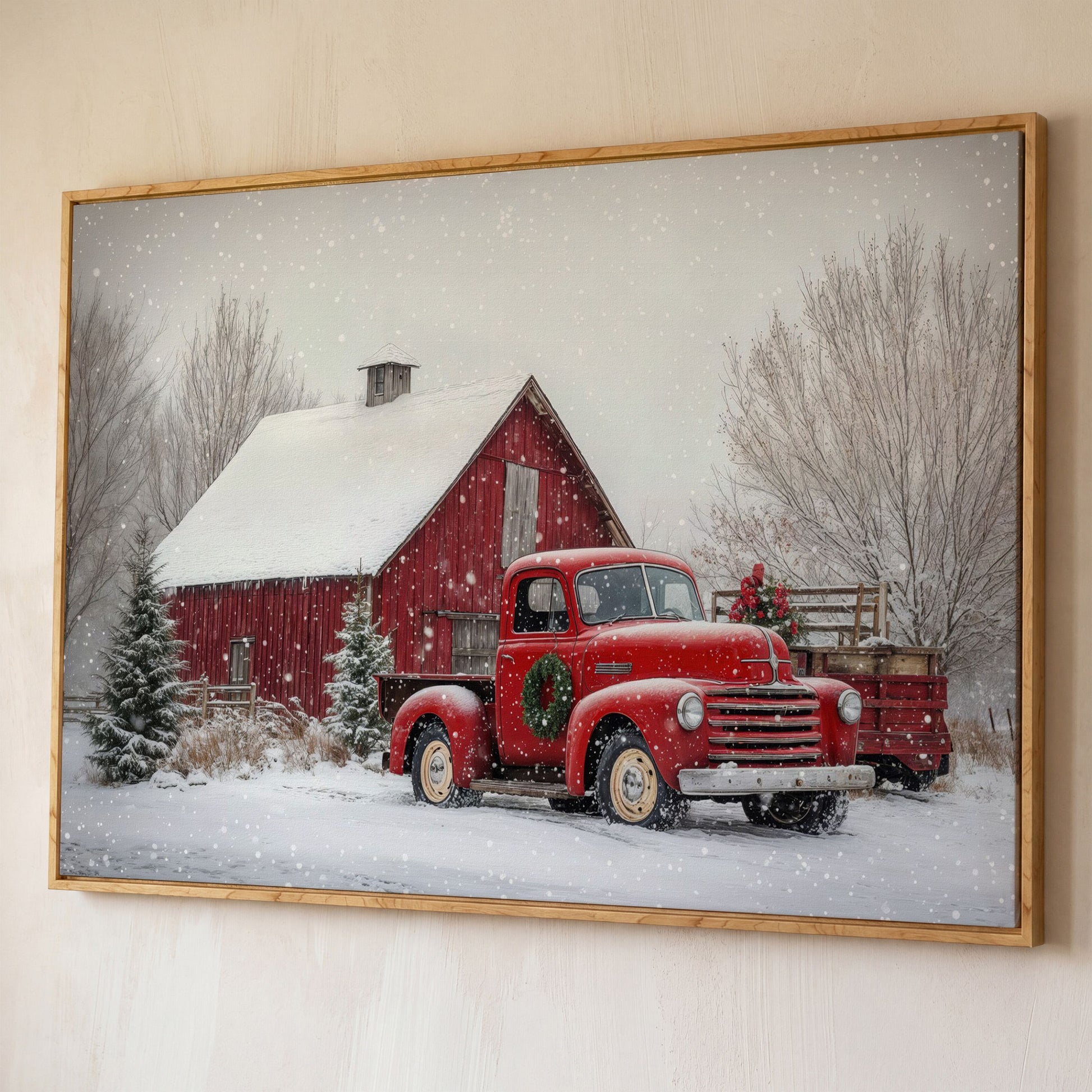 Red Pickup Truck in Snow by Red Barn Canvas shown in white oak floating frame