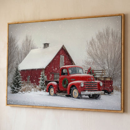 Red Pickup Truck in Snow by Red Barn Canvas shown in white oak floating frame