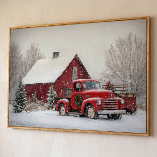 Red Pickup Truck in Snow by Red Barn Canvas shown in white oak floating frame