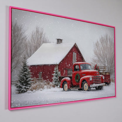 Red Pickup Truck in Snow by Red Barn Canvas in pink floating frame