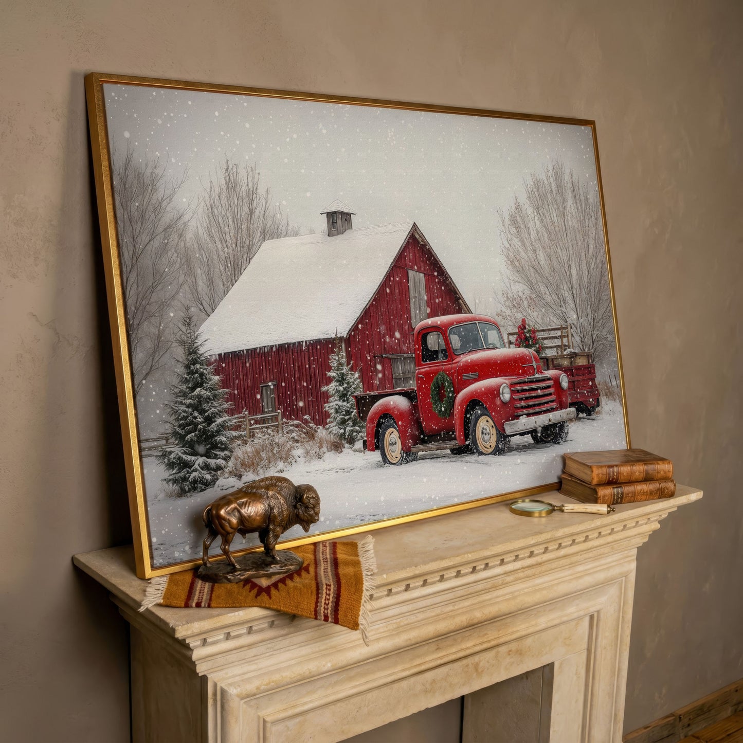 Red Pickup Truck in Snow by Red Barn Canvas in rose gold floating frame