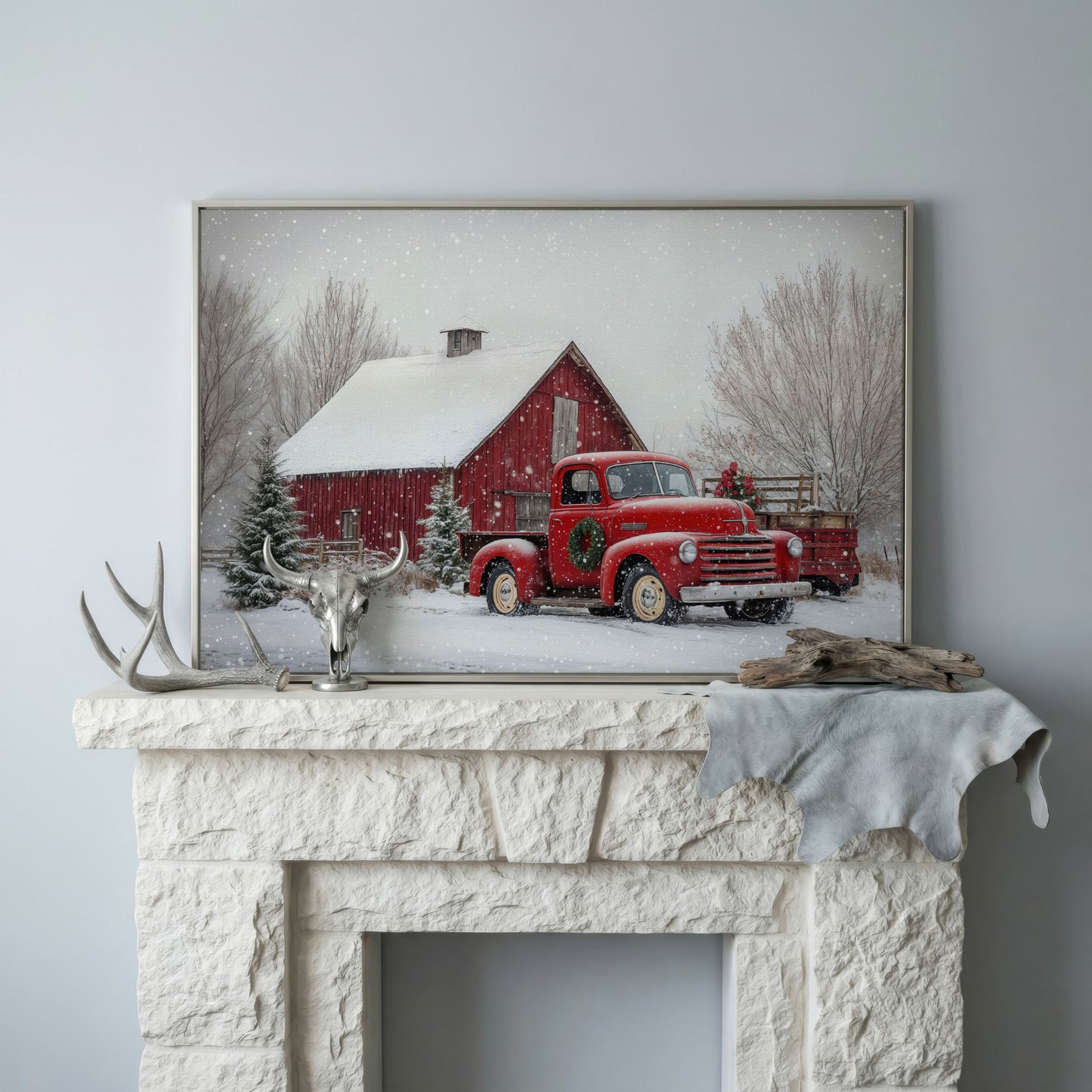 Red Pickup Truck in Snow by Red Barn Canvas in silver floating frame