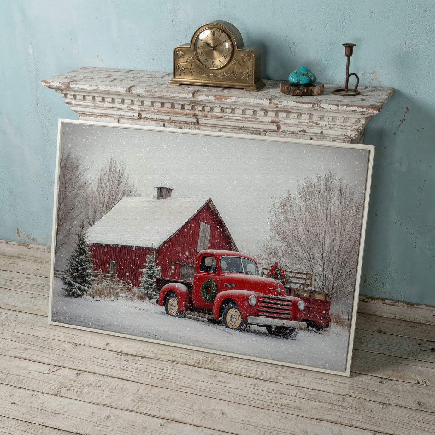 Red Pickup Truck in Snow by Red Barn Canvas in white floating frame