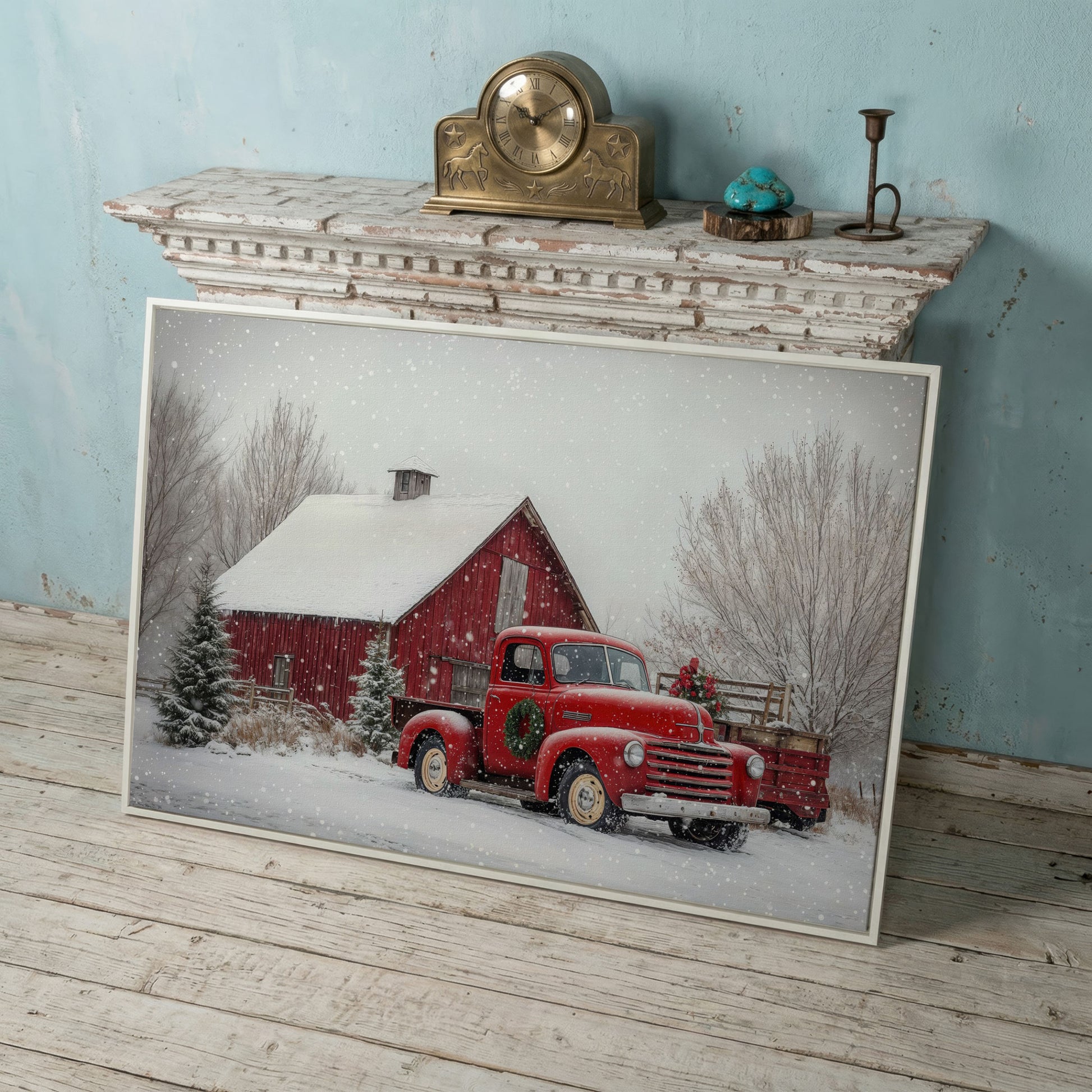 Red Pickup Truck in Snow by Red Barn Canvas in white floating frame