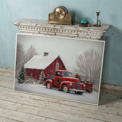 Red Pickup Truck in Snow by Red Barn Canvas in white floating frame