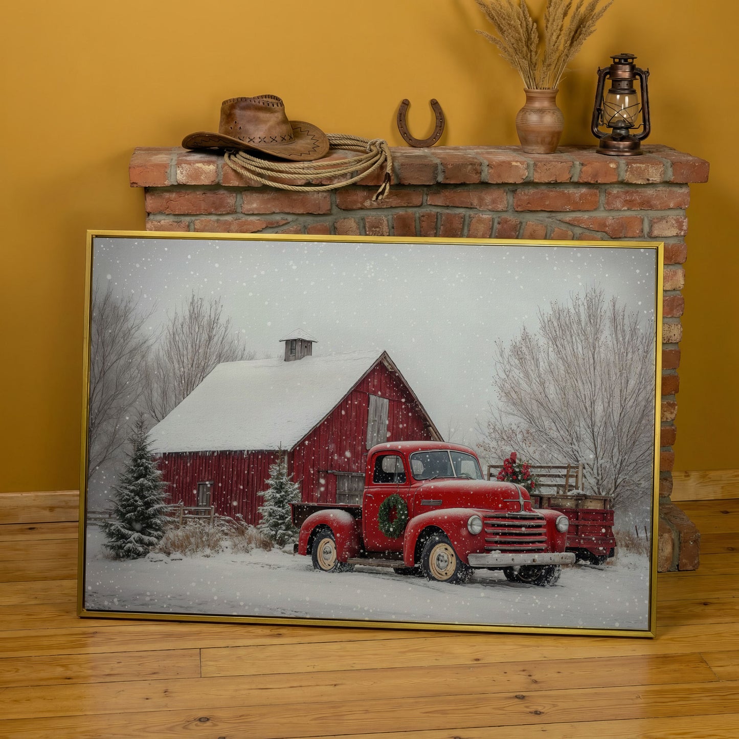 Red Pickup Truck in Snow by Red Barn Canvas in yellow gold floating frame