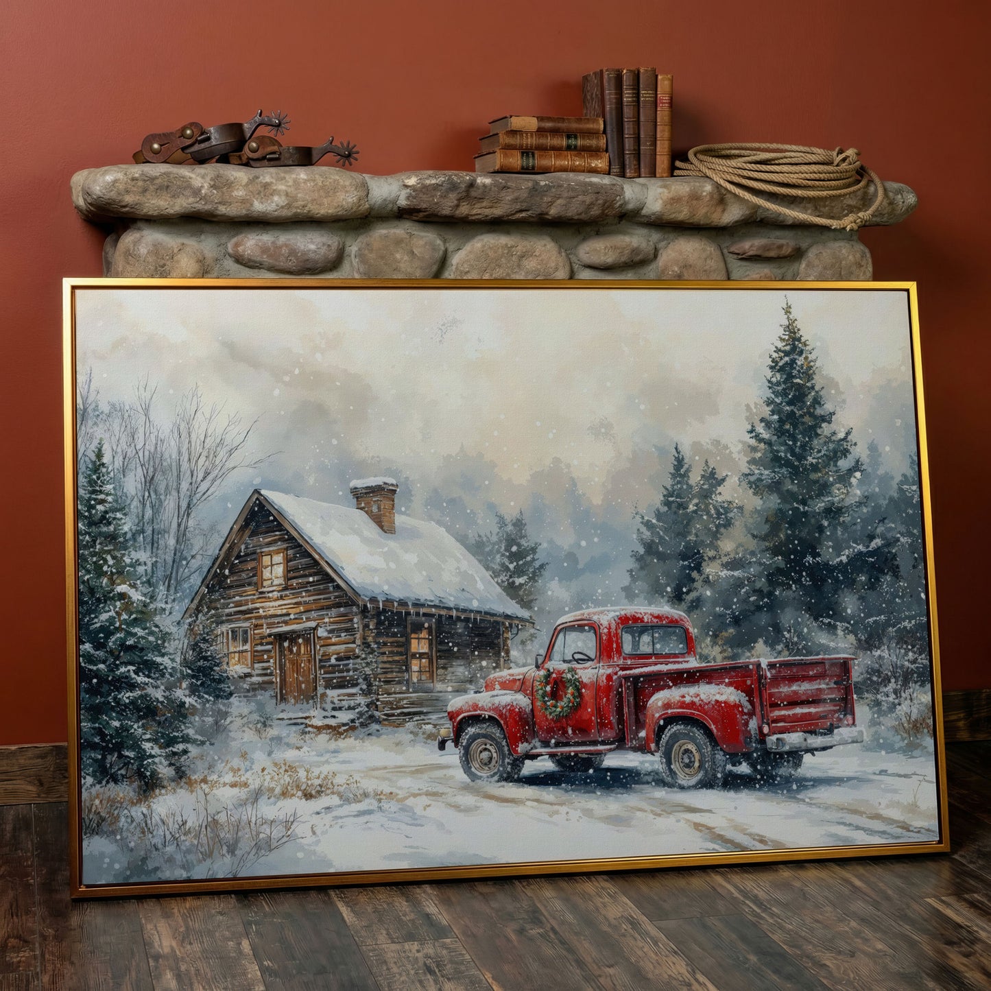 Cozy Cabin and Red Truck Winter Forest Canvas in antique gold floating frame