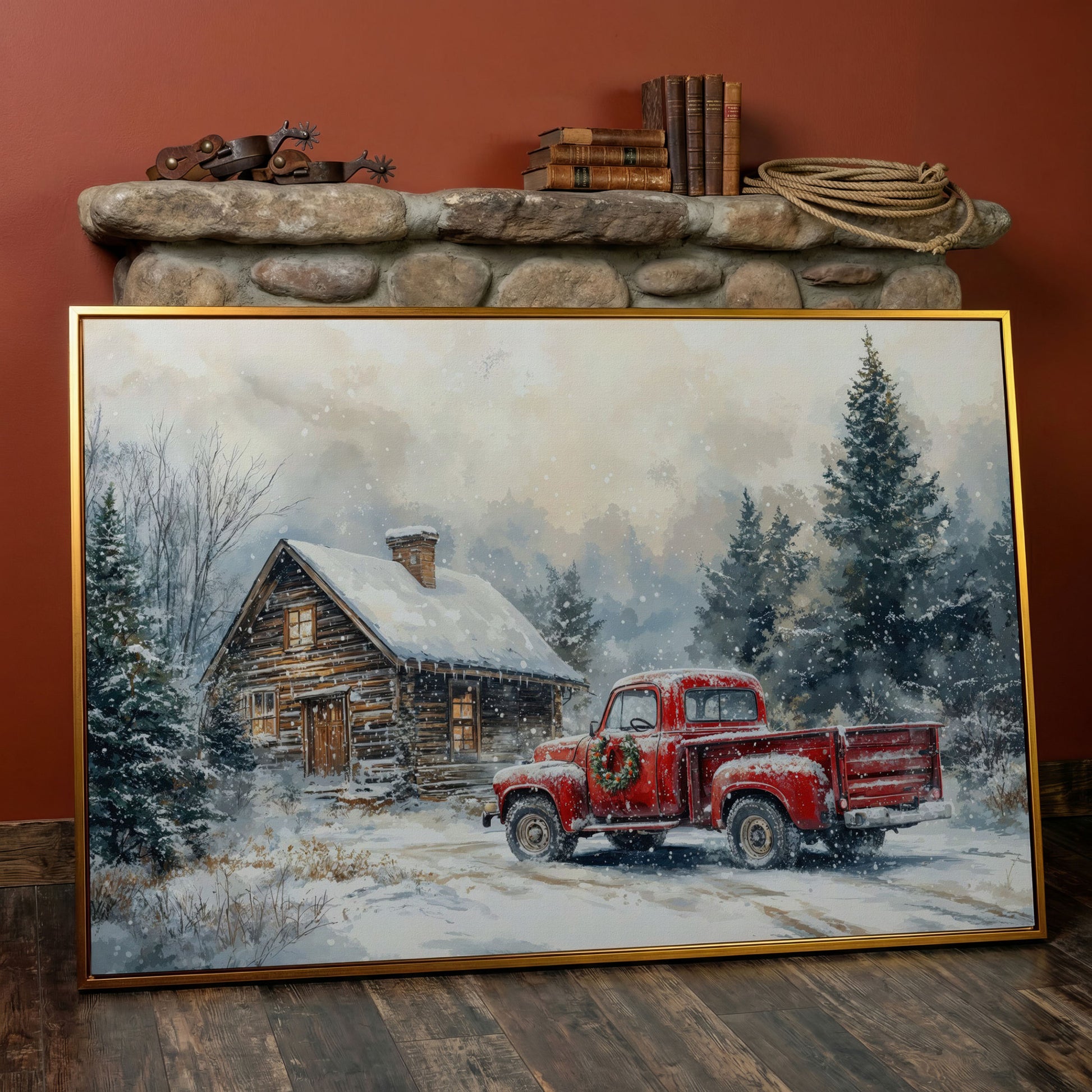 Cozy Cabin and Red Truck Winter Forest Canvas in antique gold floating frame