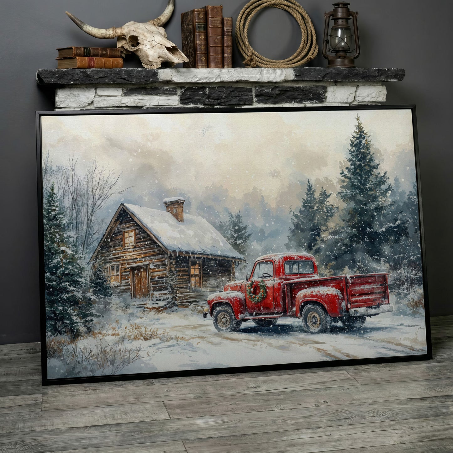 Cozy Cabin and Red Truck Winter Forest Canvas in black floating frame