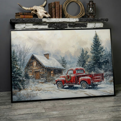 Cozy Cabin and Red Truck Winter Forest Canvas in black floating frame