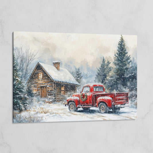Cozy Cabin and Red Truck Winter Forest Canvas on gallery wrap
