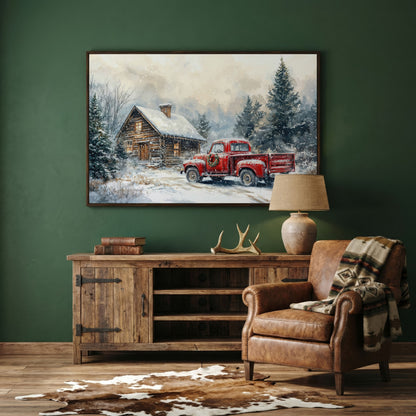 Cozy Cabin and Red Truck Winter Forest Canvas in dark walnut floating frame