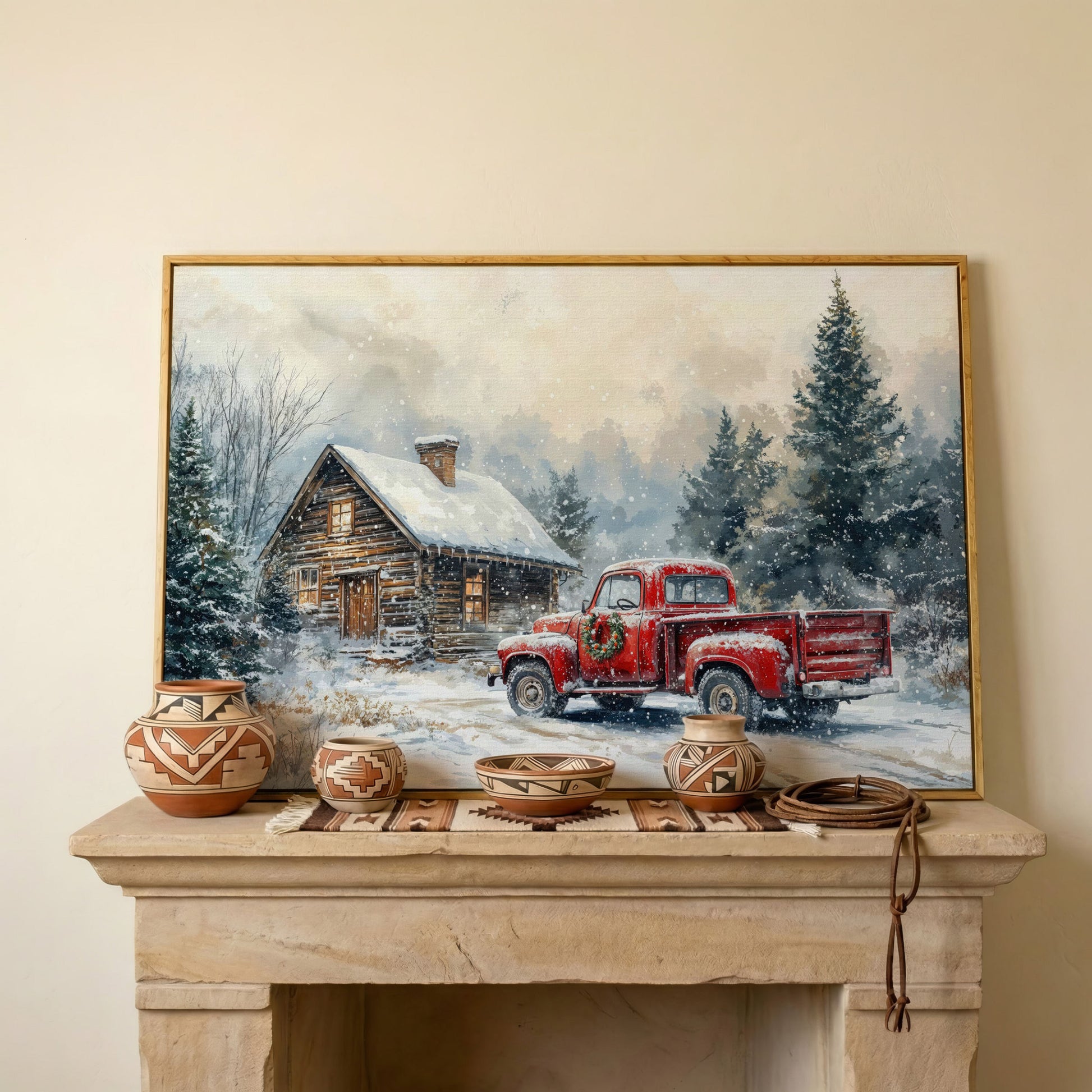 Cozy Cabin and Red Truck Winter Forest Canvas in white oak floating frame