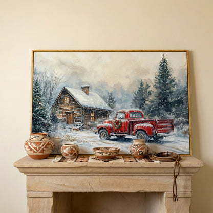 Cozy Cabin and Red Truck Winter Forest Canvas in white oak floating frame