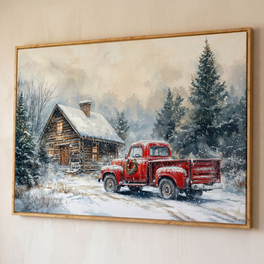 Cozy Cabin and Red Truck Winter Forest Canvas shown in white oak floating frame