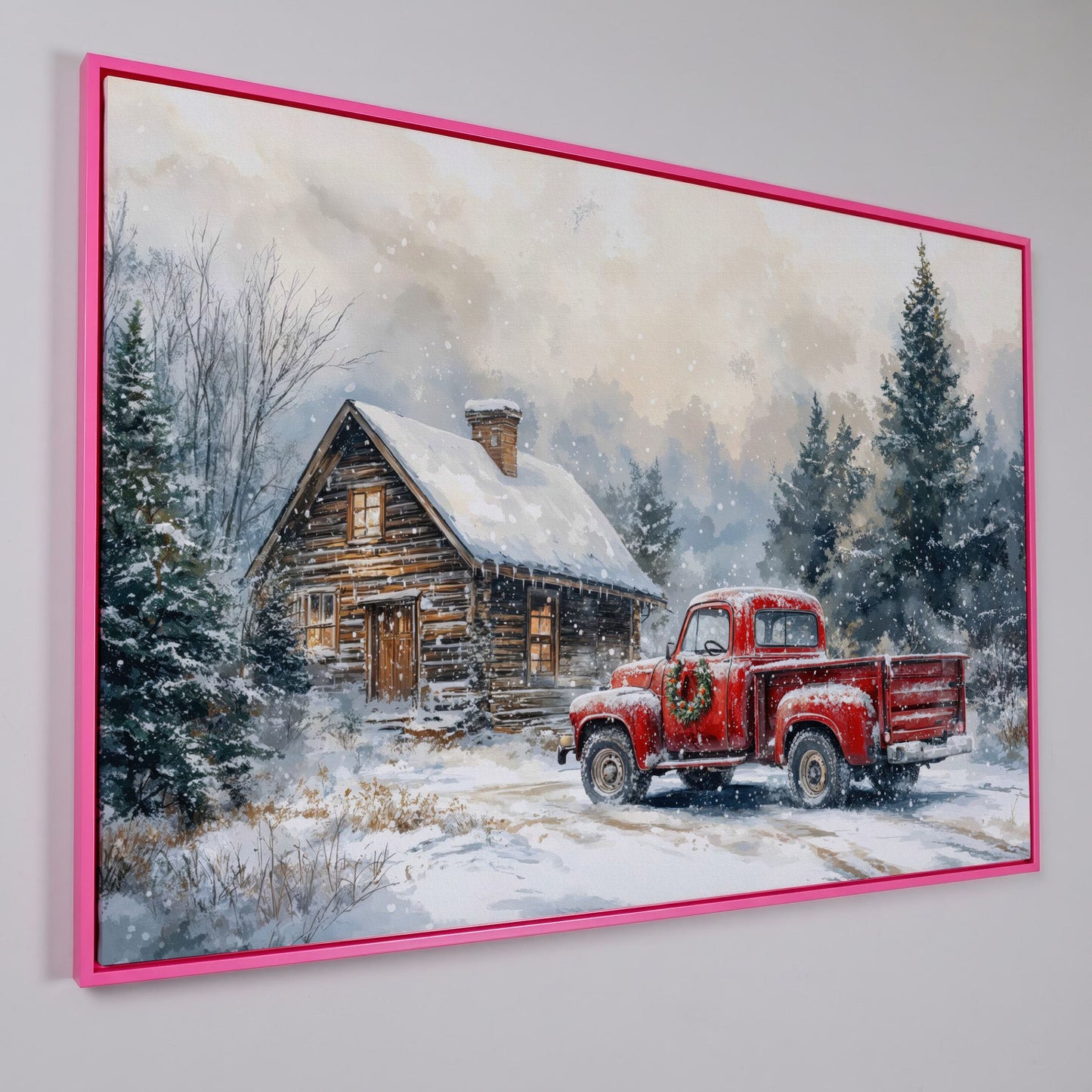Cozy Cabin and Red Truck Winter Forest Canvas in pink floating frame