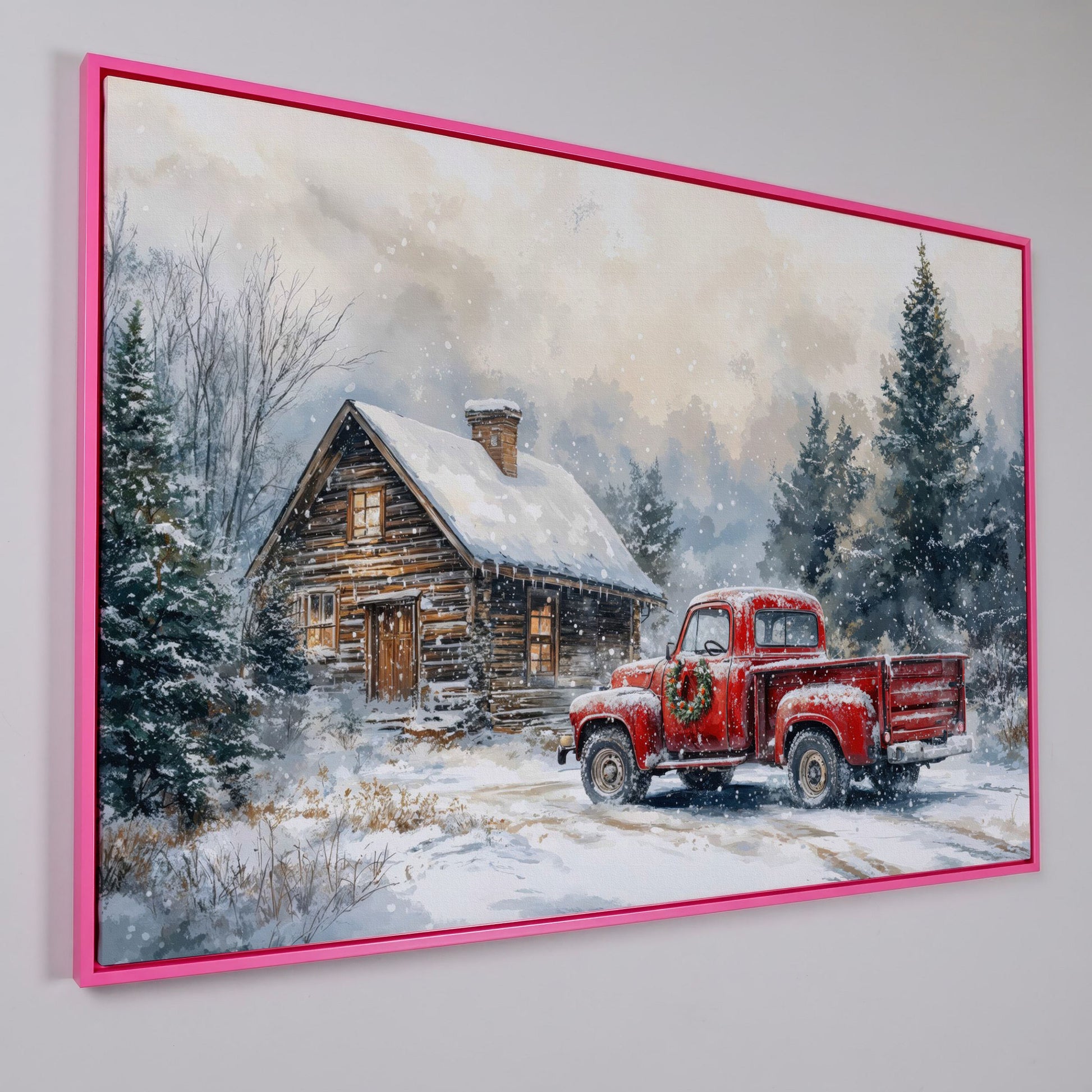 Cozy Cabin and Red Truck Winter Forest Canvas in pink floating frame