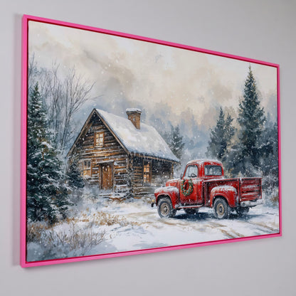 Cozy Cabin and Red Truck Winter Forest Canvas in pink floating frame