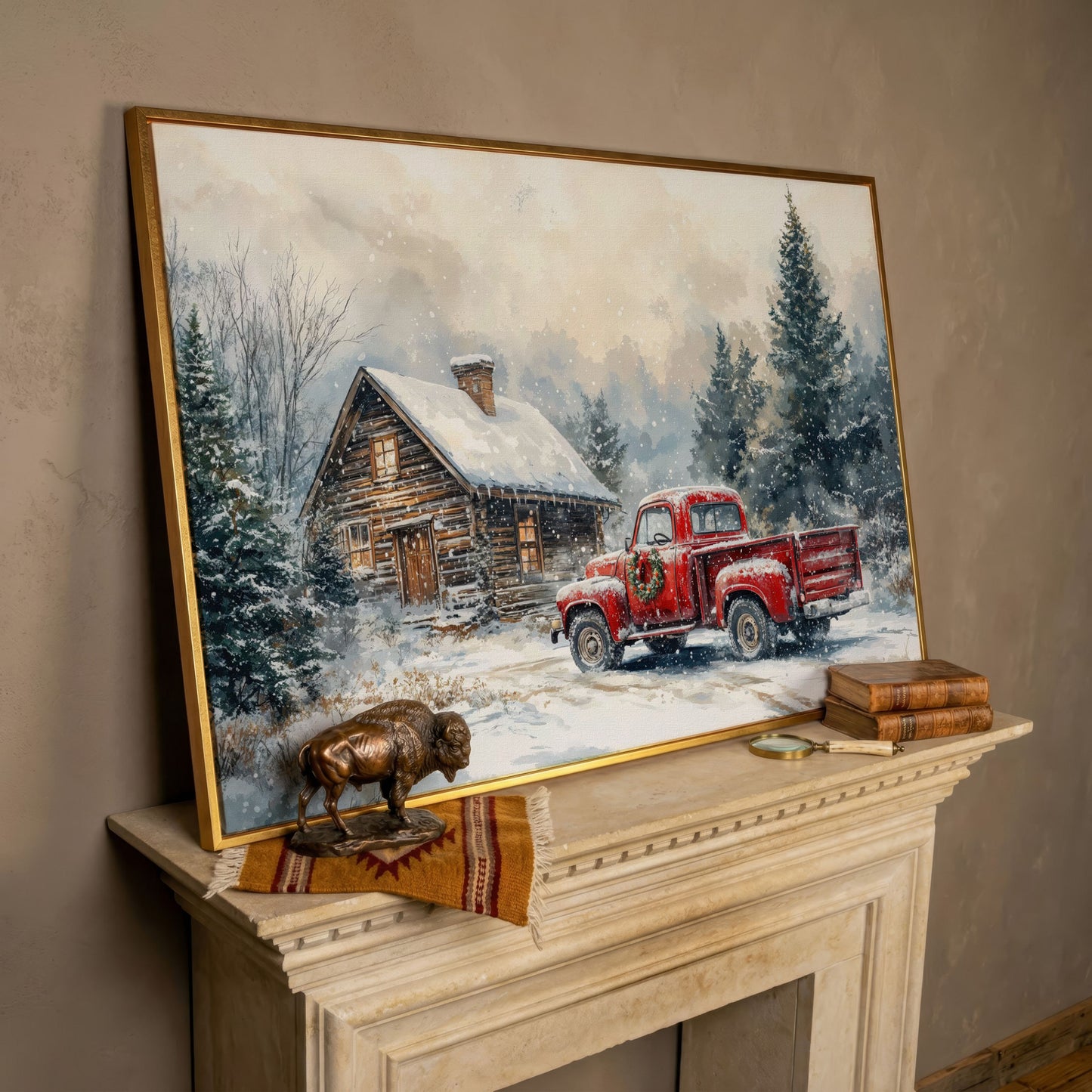 Cozy Cabin and Red Truck Winter Forest Canvas in rose gold floating frame