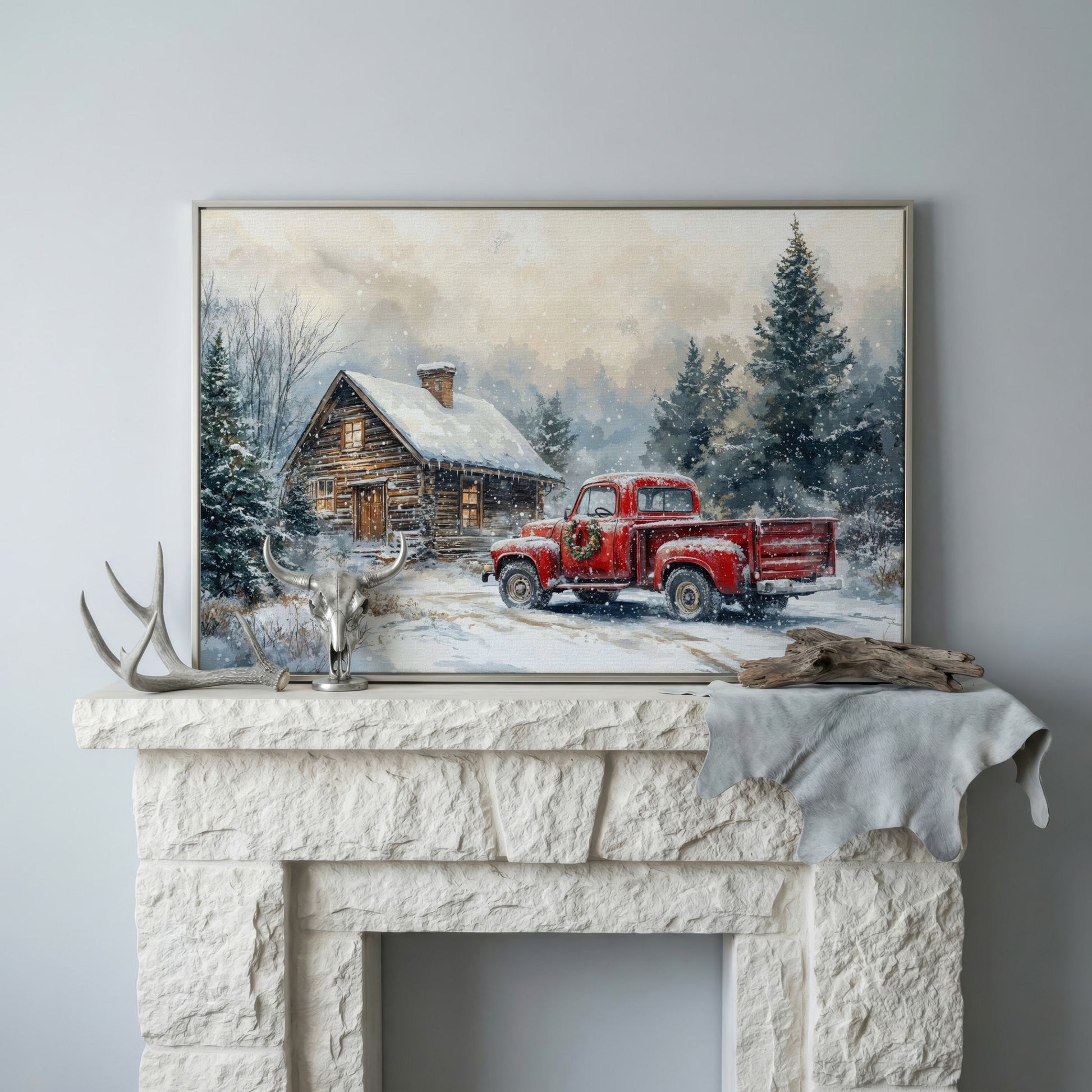 Cozy Cabin and Red Truck Winter Forest Canvas in silver floating frame