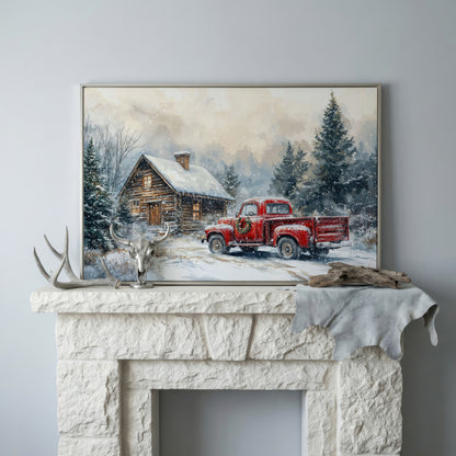 Cozy Cabin and Red Truck Winter Forest Canvas in silver floating frame