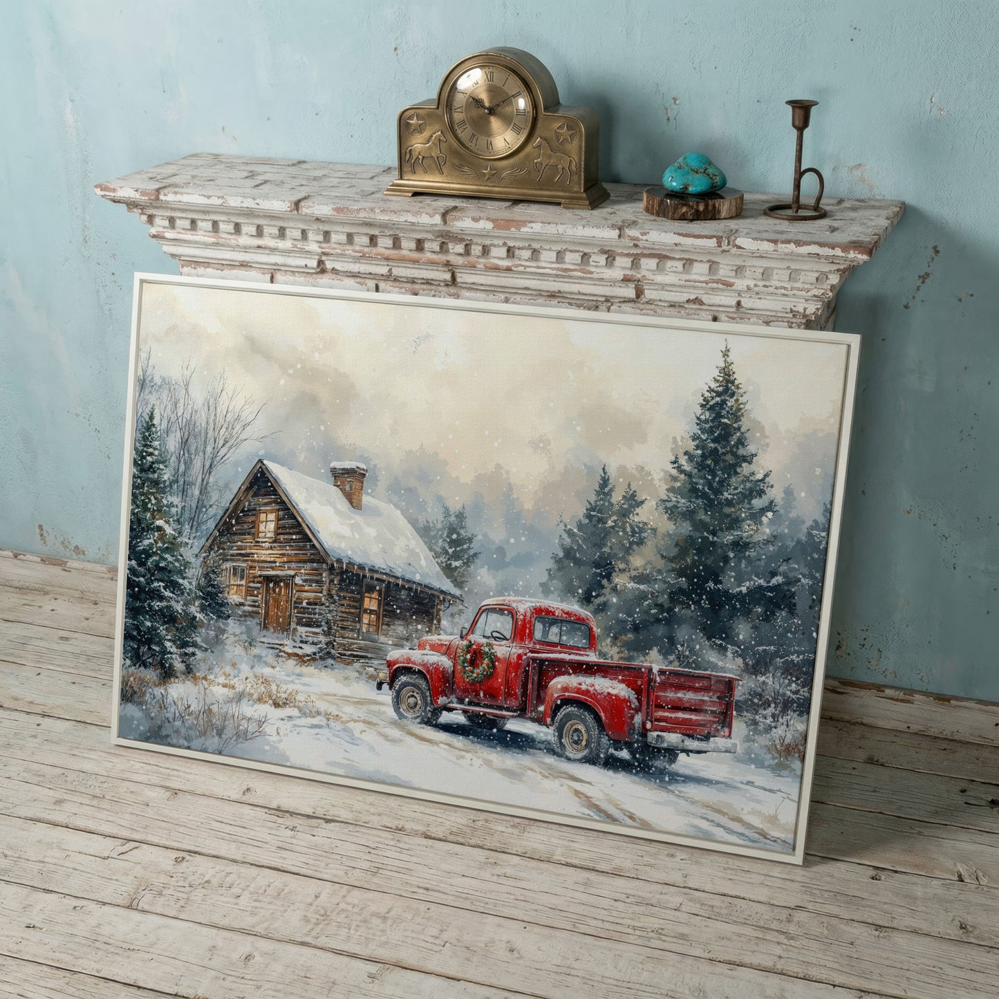 Cozy Cabin and Red Truck Winter Forest Canvas in white floating frame