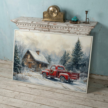 Cozy Cabin and Red Truck Winter Forest Canvas in white floating frame