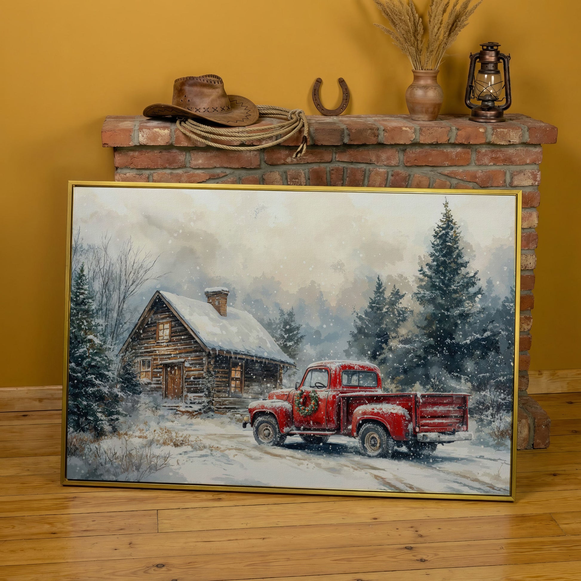 Cozy Cabin and Red Truck Winter Forest Canvas in yellow gold floating frame