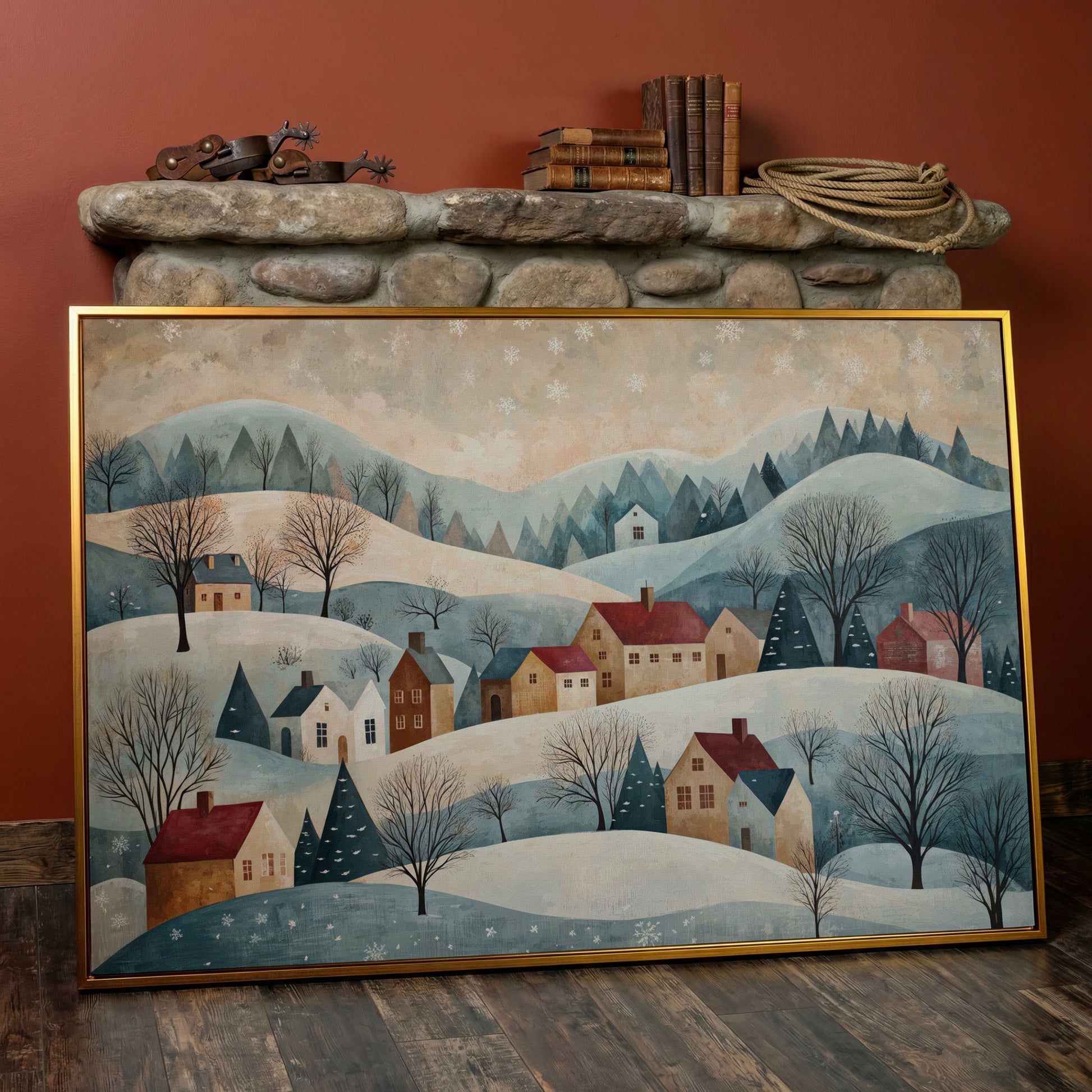 Winter Village Landscape Canvas Print in antique gold floating frame
