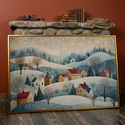 Winter Village Landscape Canvas Print in antique gold floating frame