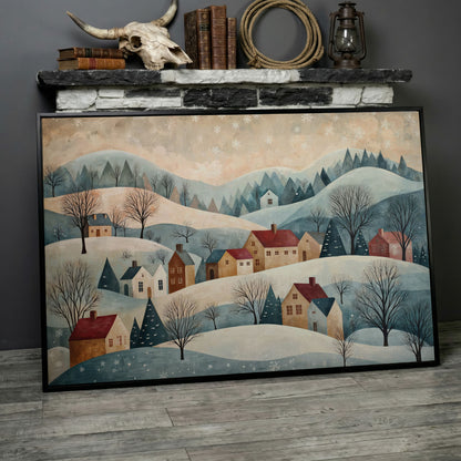 Winter Village Landscape Canvas Print in black floating frame