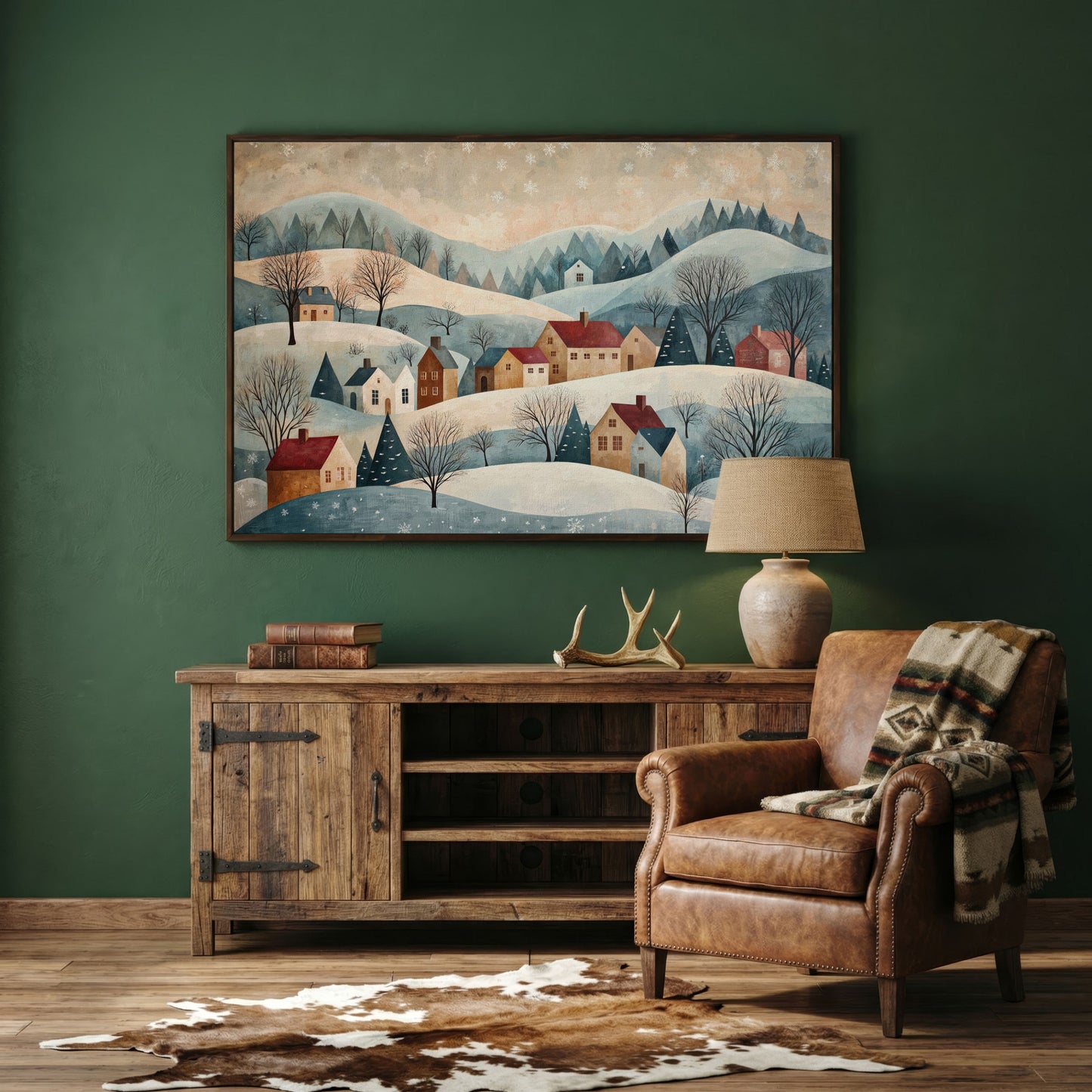 Winter Village Landscape Canvas Print in dark walnut floating frame