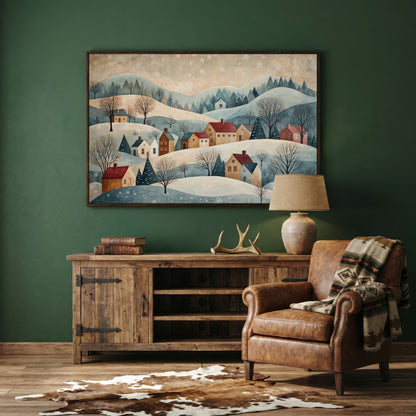 Winter Village Landscape Canvas Print in dark walnut floating frame