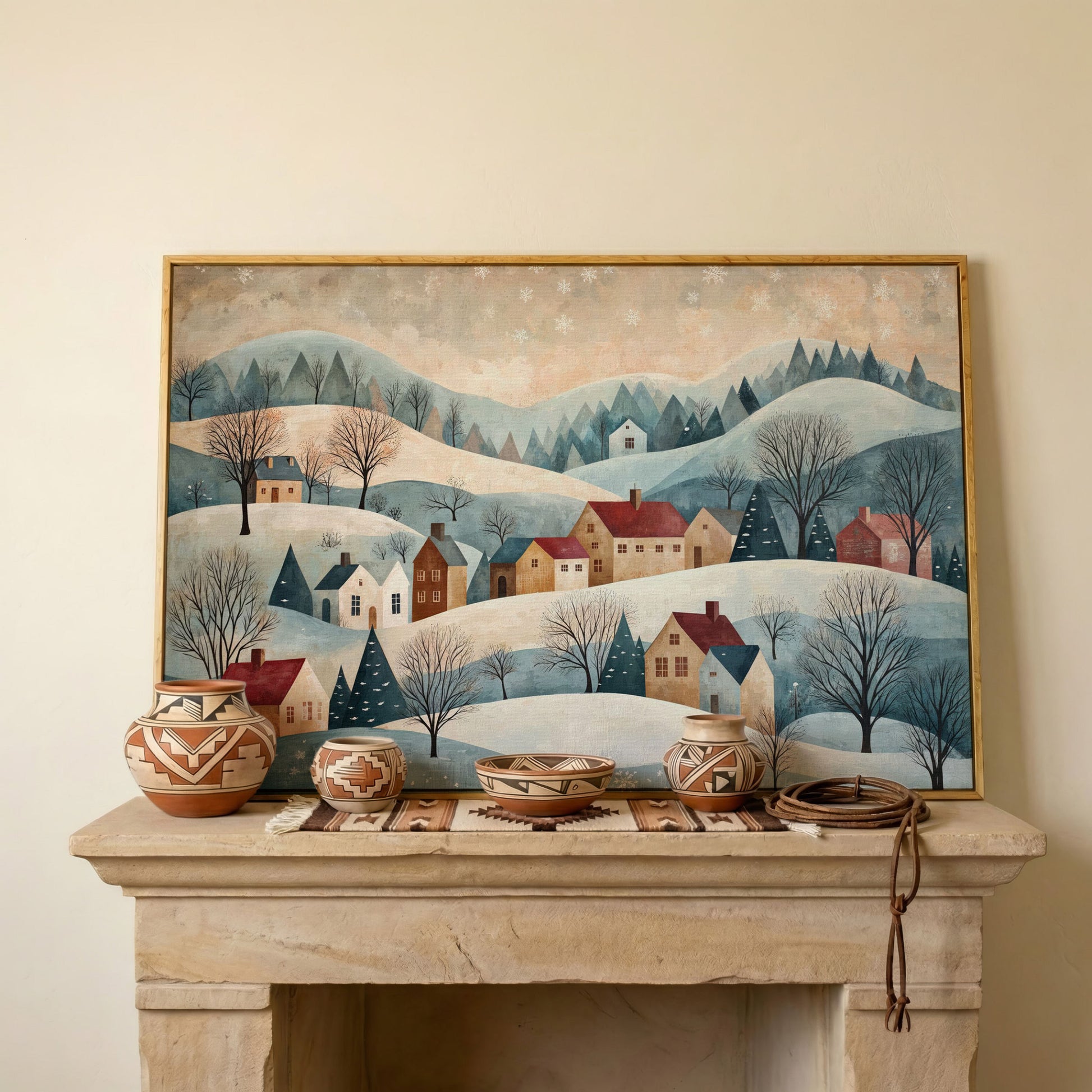Winter Village Landscape Canvas Print in white oak floating frame